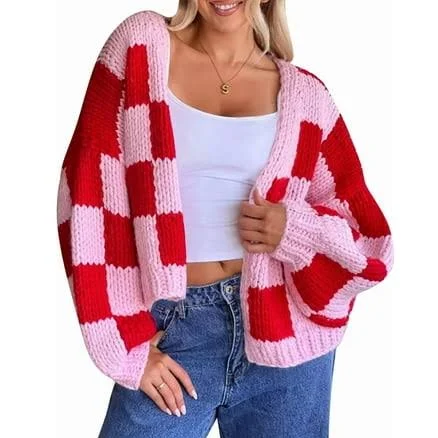 Womens Color Block Plaid Cardigan Sweater Long Sleeve Cropped Knit Open Front Sweaters Outwears Red XL, Women's