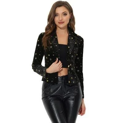 Inspire CHIC Women's Metallic Stars Printed Velvet Crop Jacket