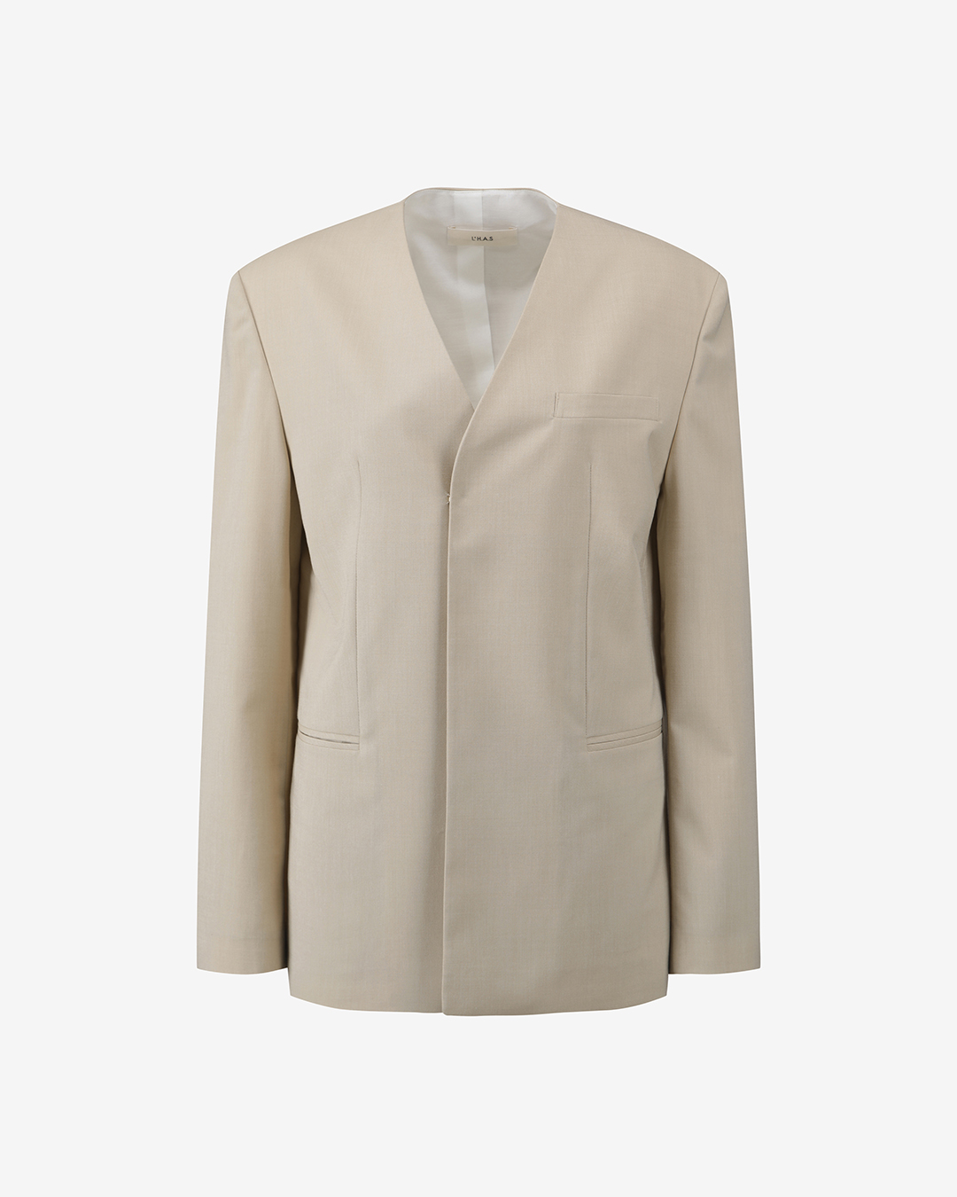 COLLARLESS V-NECK JACKET_BEIGE