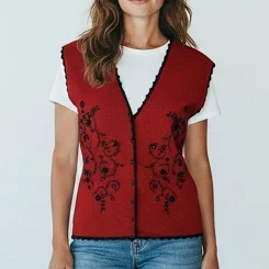 Koret Vintage Embroidered Mohair Blend V-neck Women Red Sweater Vest