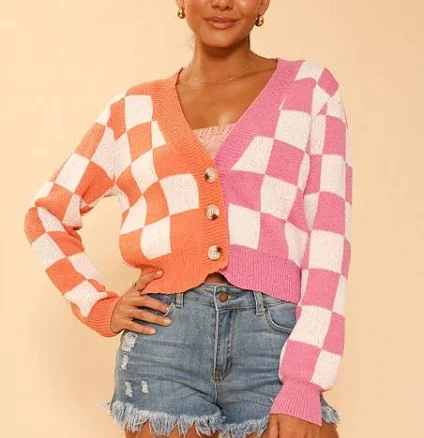 Cropped Two-Tone Check Cardigan