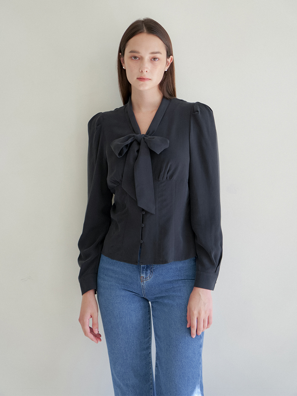 Modal Ribbon Tie Blouse (Black)
