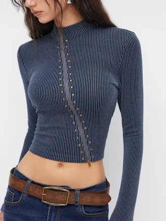CIDER Women's High Neck Striped Asymmetrical Zipper Long Sleeve Top