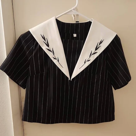 Black White Striped Cropped Blouse Xs Sailor Collar Bow Embroidered