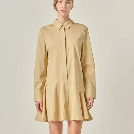 Collar Flare L/S Skirt Dress - Beige Extra Small