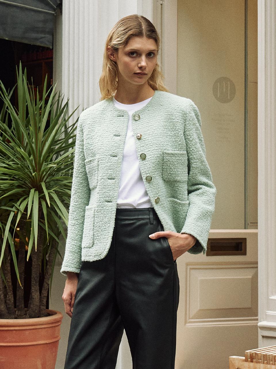 Boucle Buttoned Tweed Jacket (Mint)