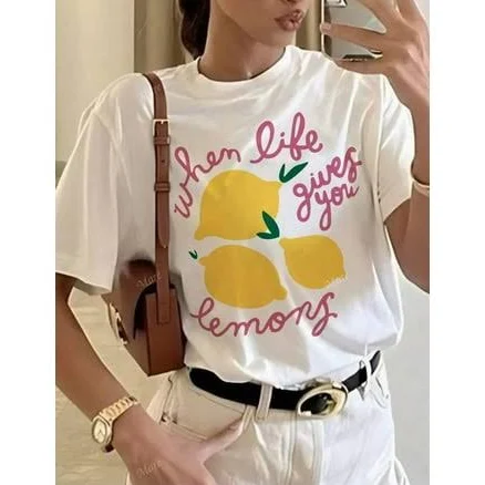 No No Women's Casual Lemon Graphic Letter Print Round Neck Short Sleeve T-Shirt, Summer, Size: Large, White