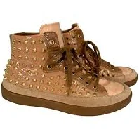 Kurt Geiger London High Top Sneakers 5.5 Studded Leather Lace Up Pull On Brown