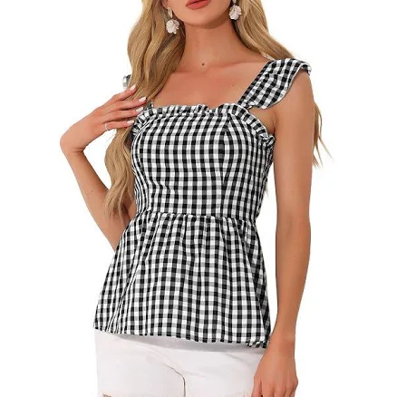 Gingham Peplum Square Neck Sleeveless Plaid Blouse