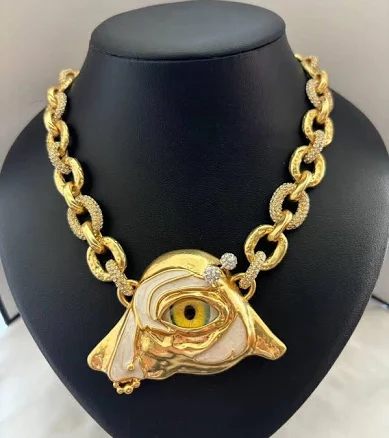 schiaparelli Women Rhinestone Enamel Eye 18k Gold Necklace Lover