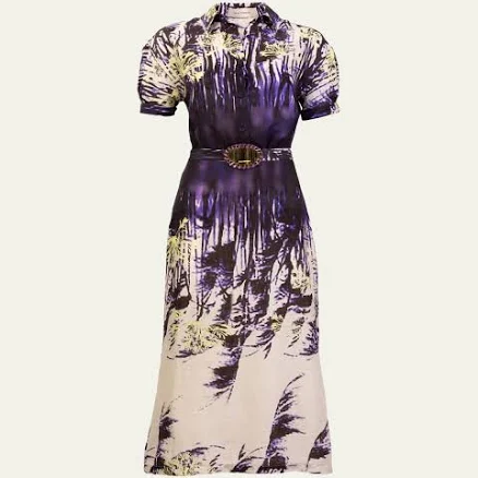 SILVIA TCHERASSI Lee Palm-Print Linen Short-Sleeve Midi Shirtdress With Belt