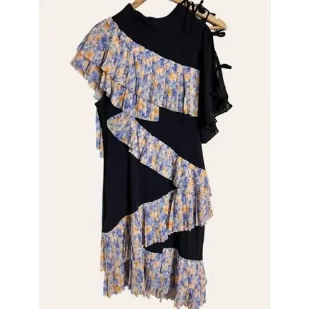 Hagahi Navy Blue Size 6 Pleated Floral Short Sleeve Asymmetrical Dress1