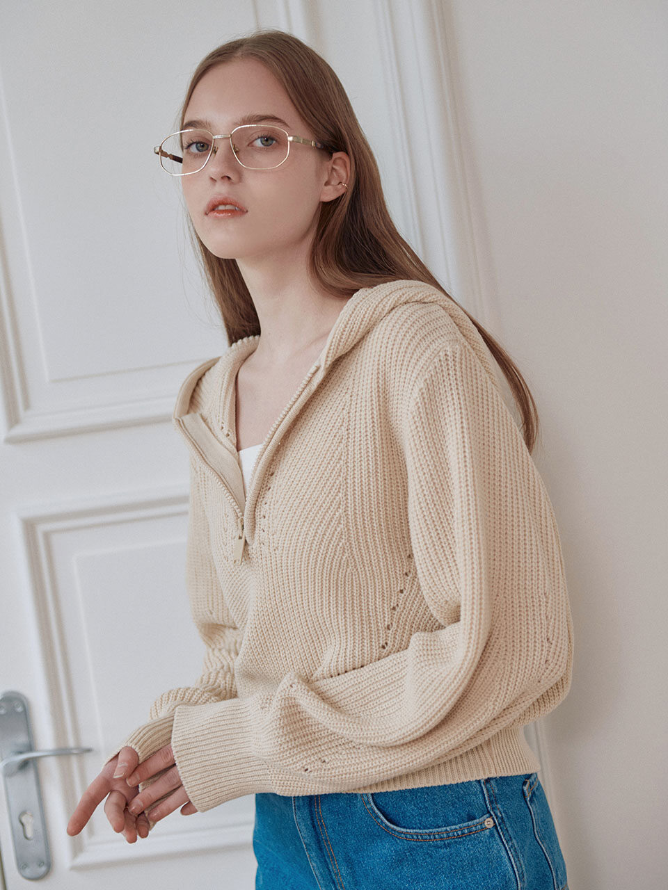Half Zip-Up Hooded Knit Sweater