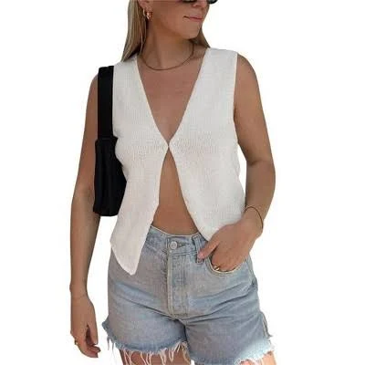Women Sleeveless Knit V-Neck Vest Cropped Open-Front Waistcoat, White, XL