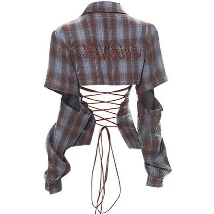 Y2K Western Lace-Up Backless Plaid Shirt