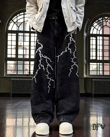 Men's Loose Fit Streetwear Denim Jeans with Lightning Embroidery