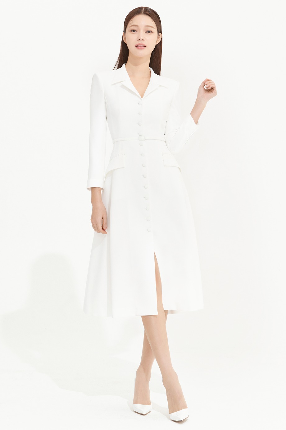 SLIM LINE BELTED FLARE CREPE COAT DRESS