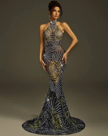 Mew Mews Fenris Crystal Mesh Mermaid Maxi Dress