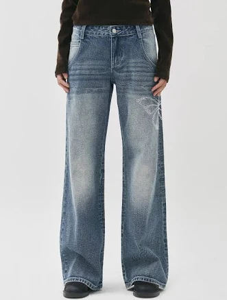 NICK&NICOLE W Wide Crystal Butterfly Denim Pants