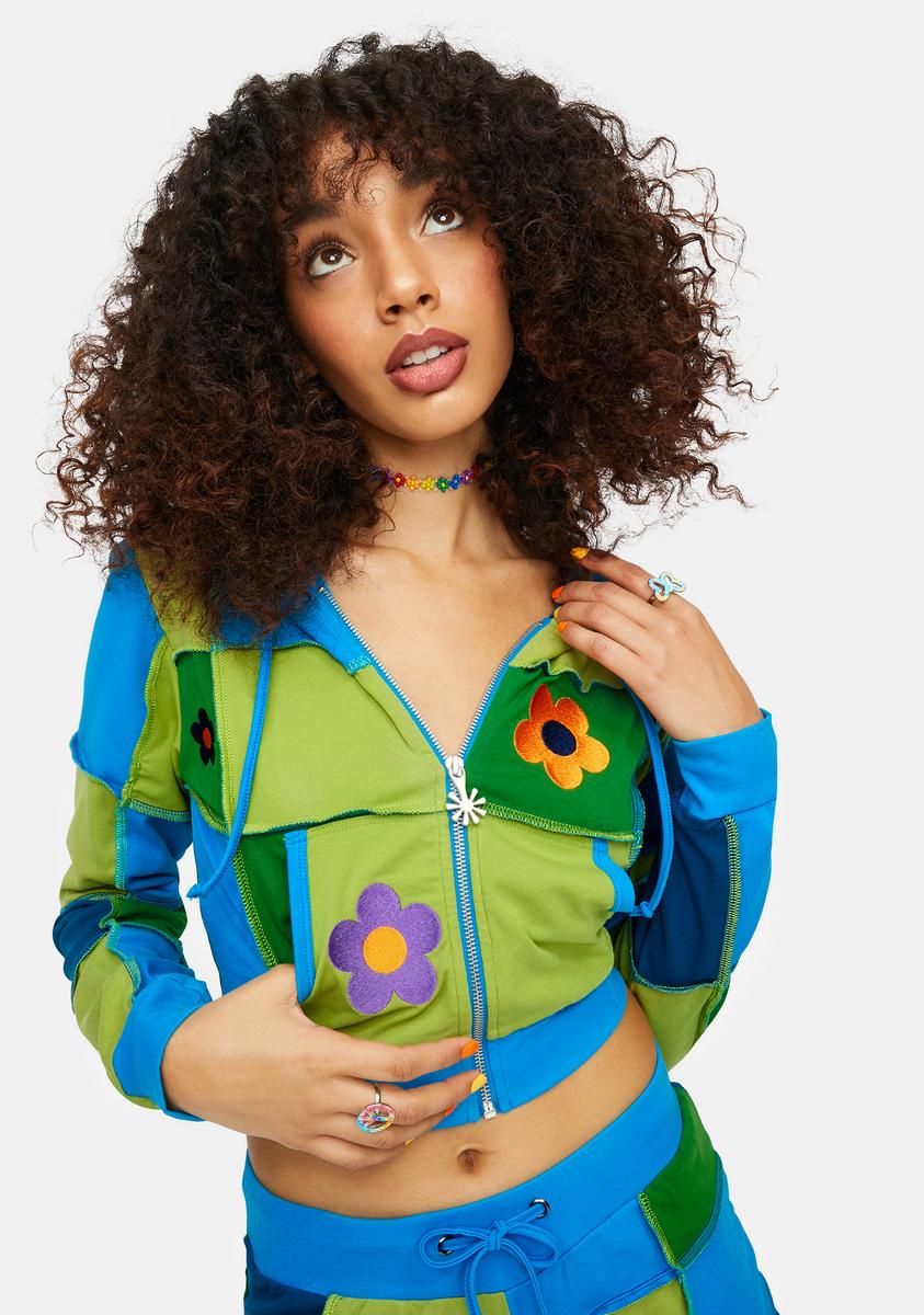 Delias Groovy Patchwork Daisy Cropped Hoodie