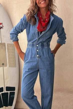 Collarless Western Denim Jumpsuit