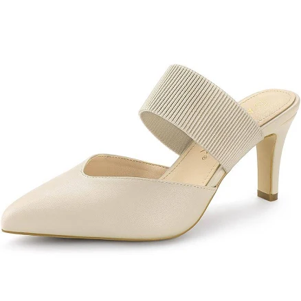 Women's Pointed Toe Elastic Strap Stiletto Heels Mules, Size: 8, Beige
