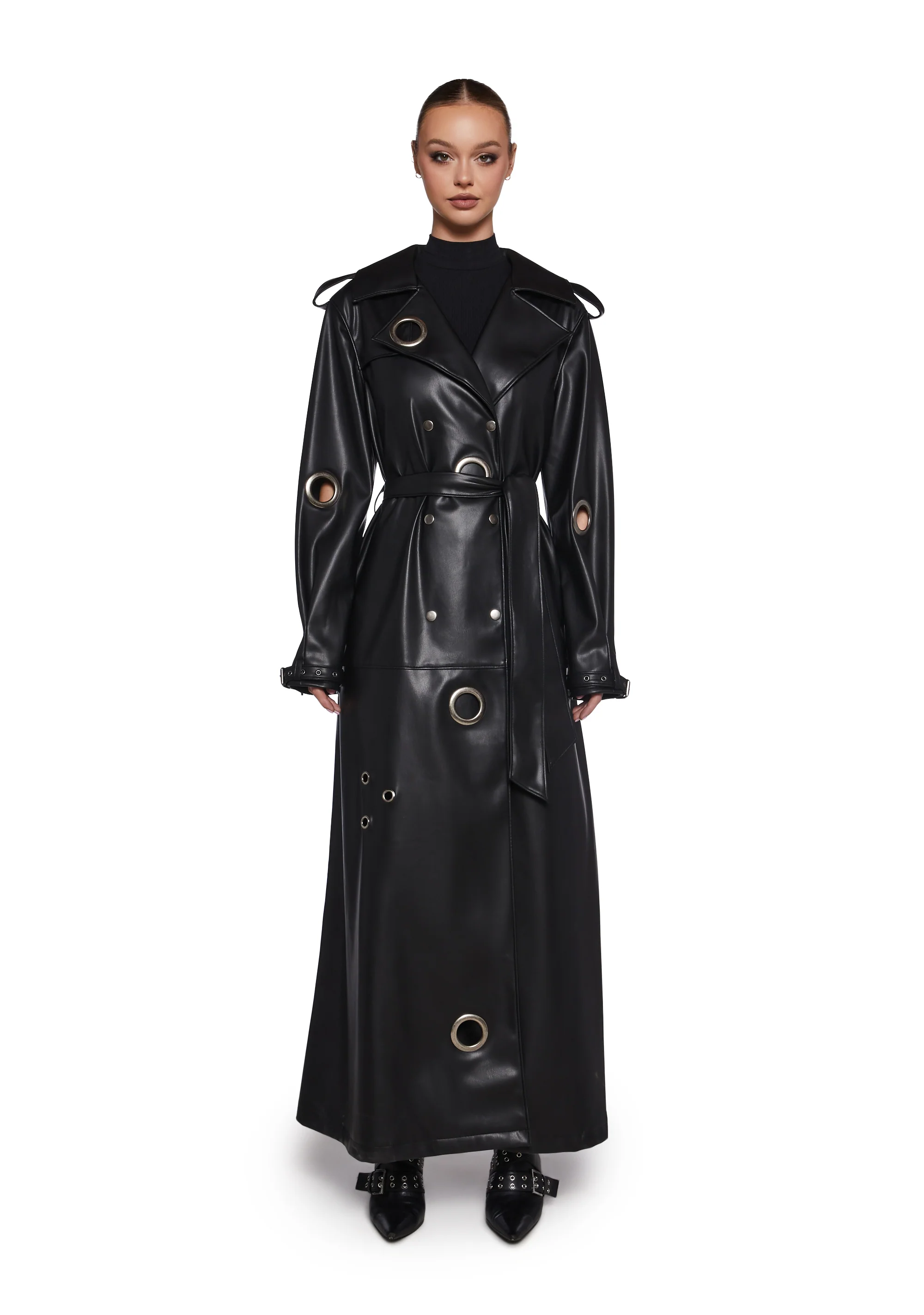 Vegan Leather Eyelet Belted Trench Coat Poster Grl