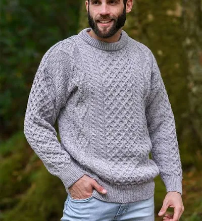 Men's Aran Sweater Market Aran Cable Knit Crew Neck Aran Wool Sweater