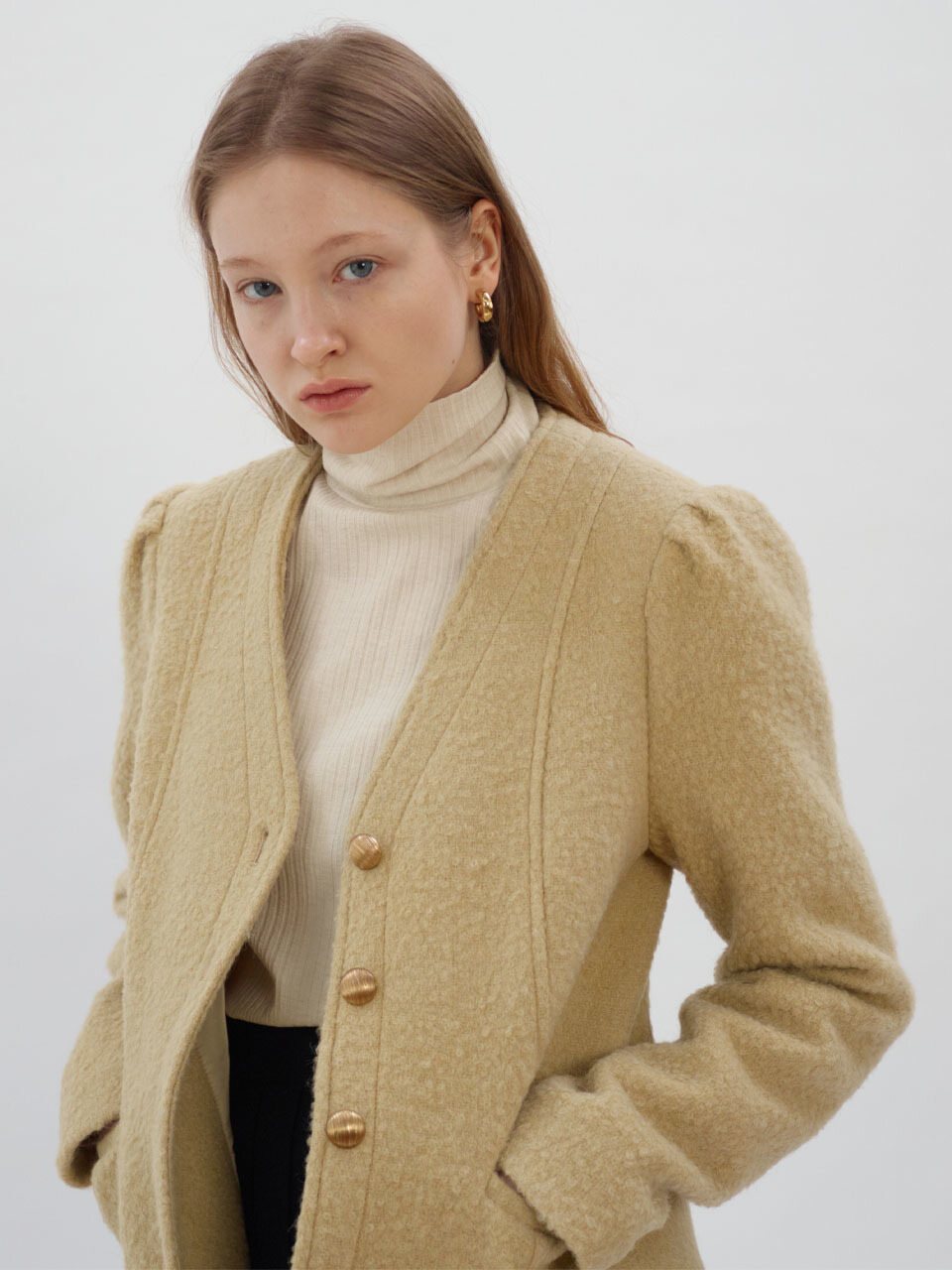 No-Collar Puff Sleeve Jacket_Butter
