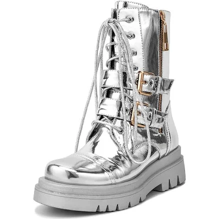 Metallic Buckles Lace Up Block Heel Ankle Boots
