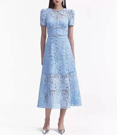 Self-portrait Women's Blue Lace A-line Dress Short Sleeve Midi Dress