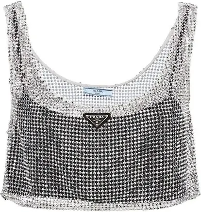 Prada Rhinestone Embellished Crystal Strass Silver Black Logo Vest Top