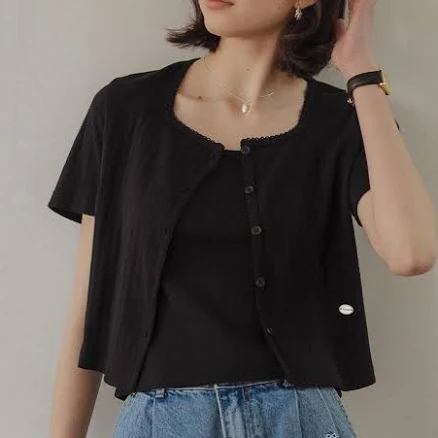 TILLIDIE Sleeveless Top & Half Sleeve Eyelet Cardigan Set_Black by W Concept