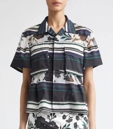 Sacai Women's Pattern Mix Short Sleeve Button-Up Shirt