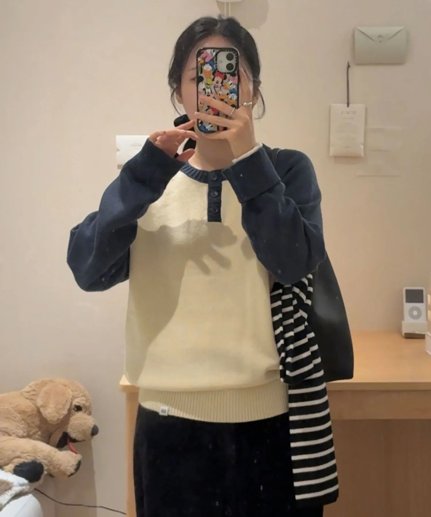 (Women) Henley Neck Raglan Color Block Knit_Cream