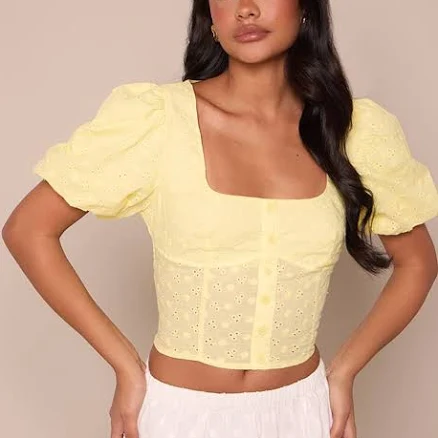 PrettyLittleThing Women's Lemon Cotton Broderie Button Down Puff Sleeve Top