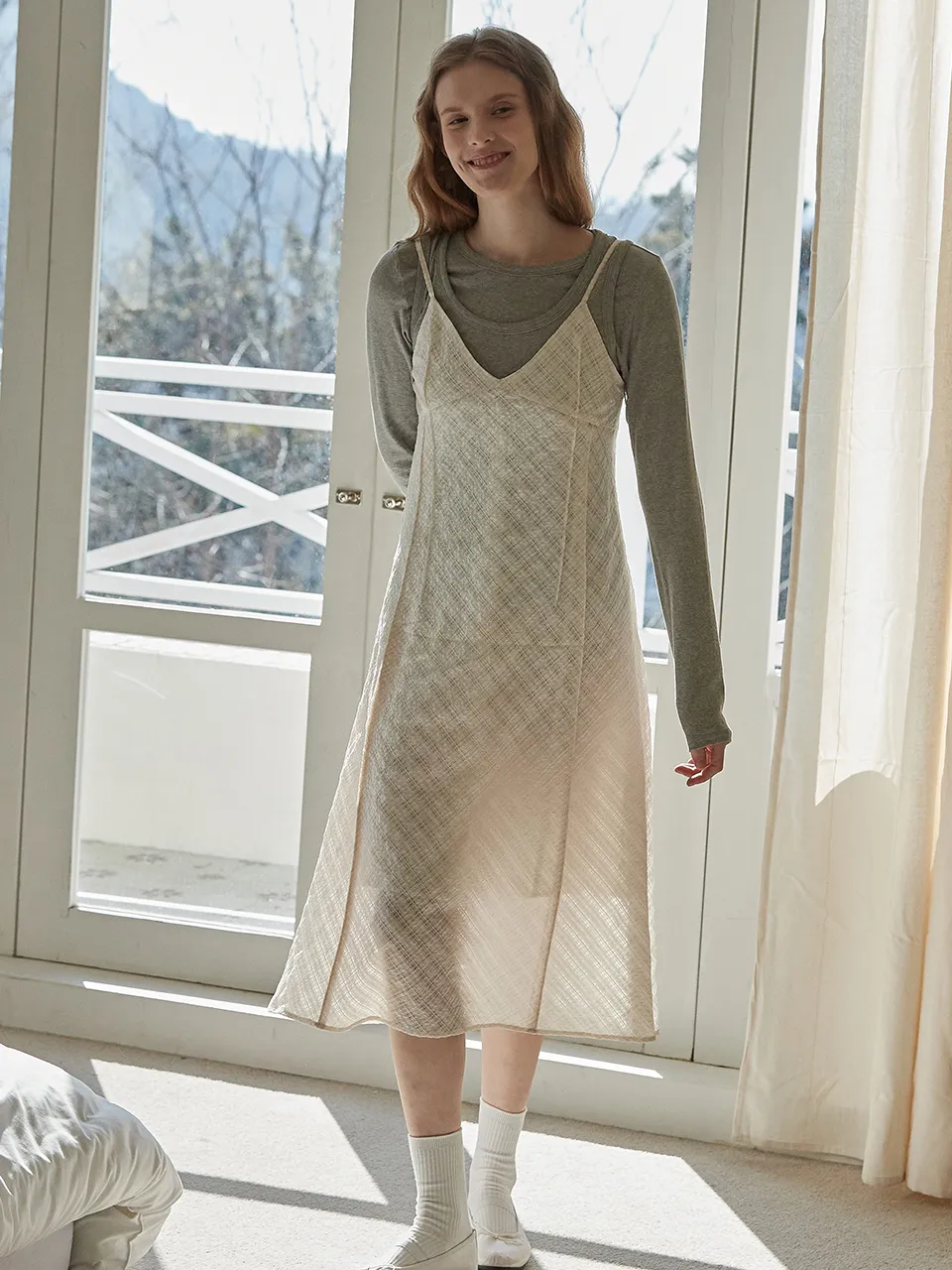 Bias check layered dress - Butter cream