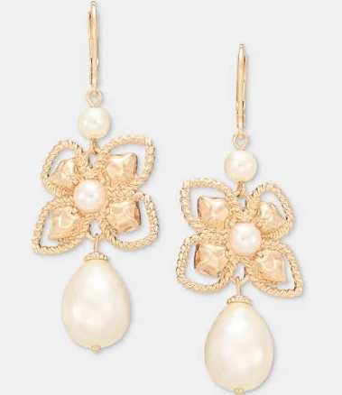 Anne Klein Women's Floral Hammered Pearl Drop Earrings