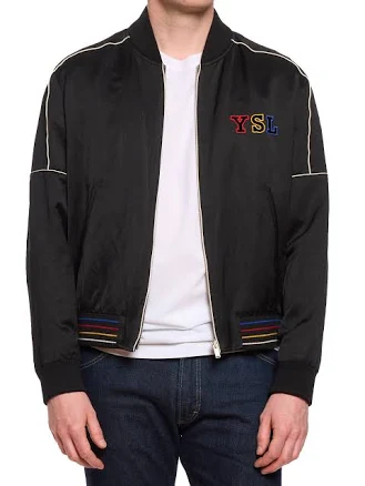 SAINT LAURENT Paris Black Tricolor YSL Logo Teddy Bomber Jacket