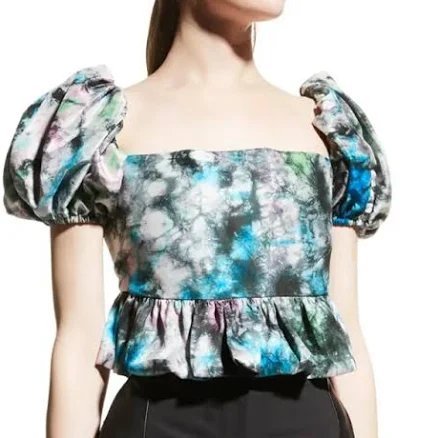 Azeeza Kam Crop Puff-Sleeve Silk Top