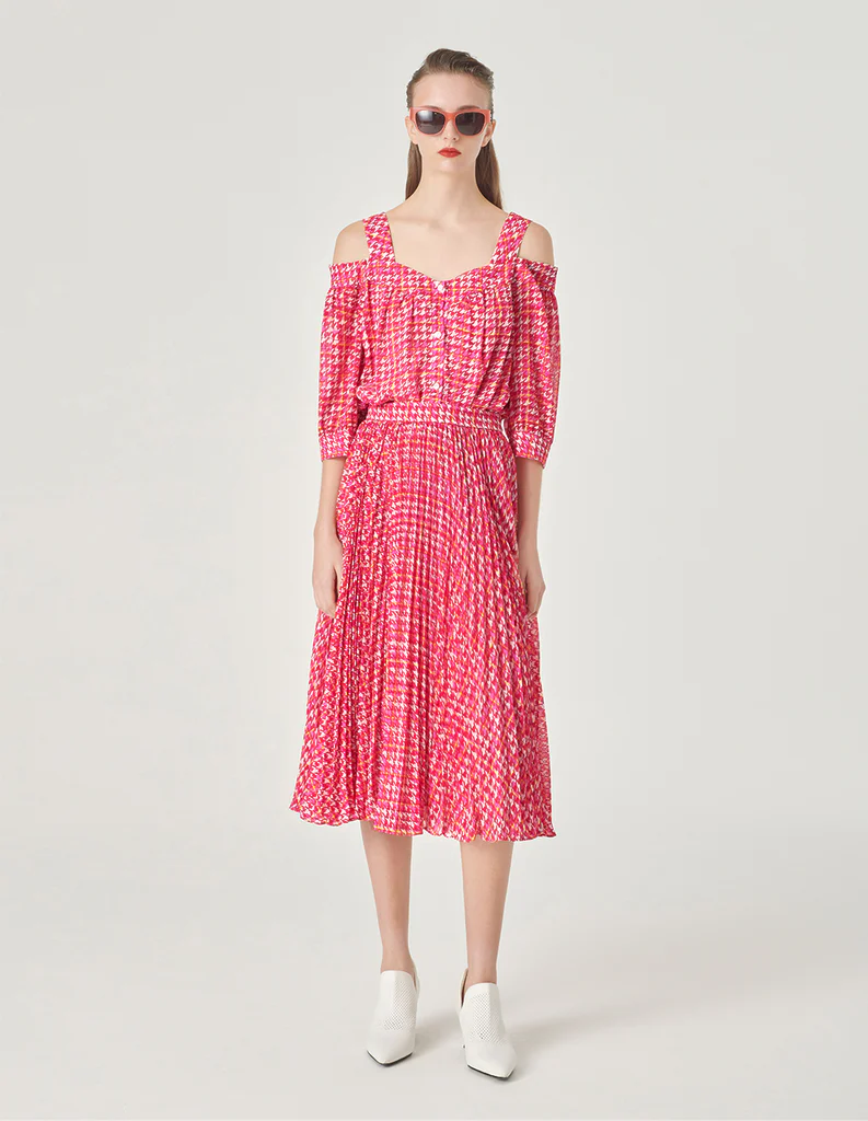 MARYLING Houndstooth Print Sun Pleated Skirt