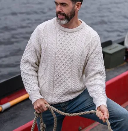 Men's Aran Sweater Market Aran Cable Knit Crew Neck Aran Wool Sweater