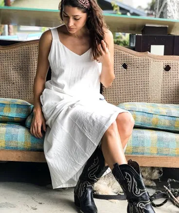 Novaboho White Linen Blend Dress Button Straps Lovestitch Pockets