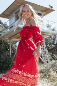 Red Floral Off Shoulder Midi Dress - Long Sleeve Shirred Cotton Linen - M