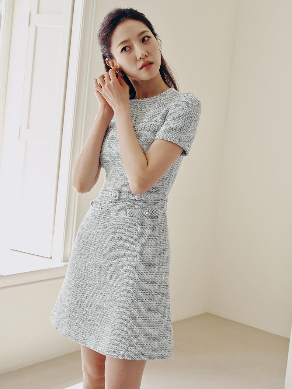 LINDSAY Round Neck Semi A-line Tweed Mini Dress (Minty blue&White/Deep navy/Pink)