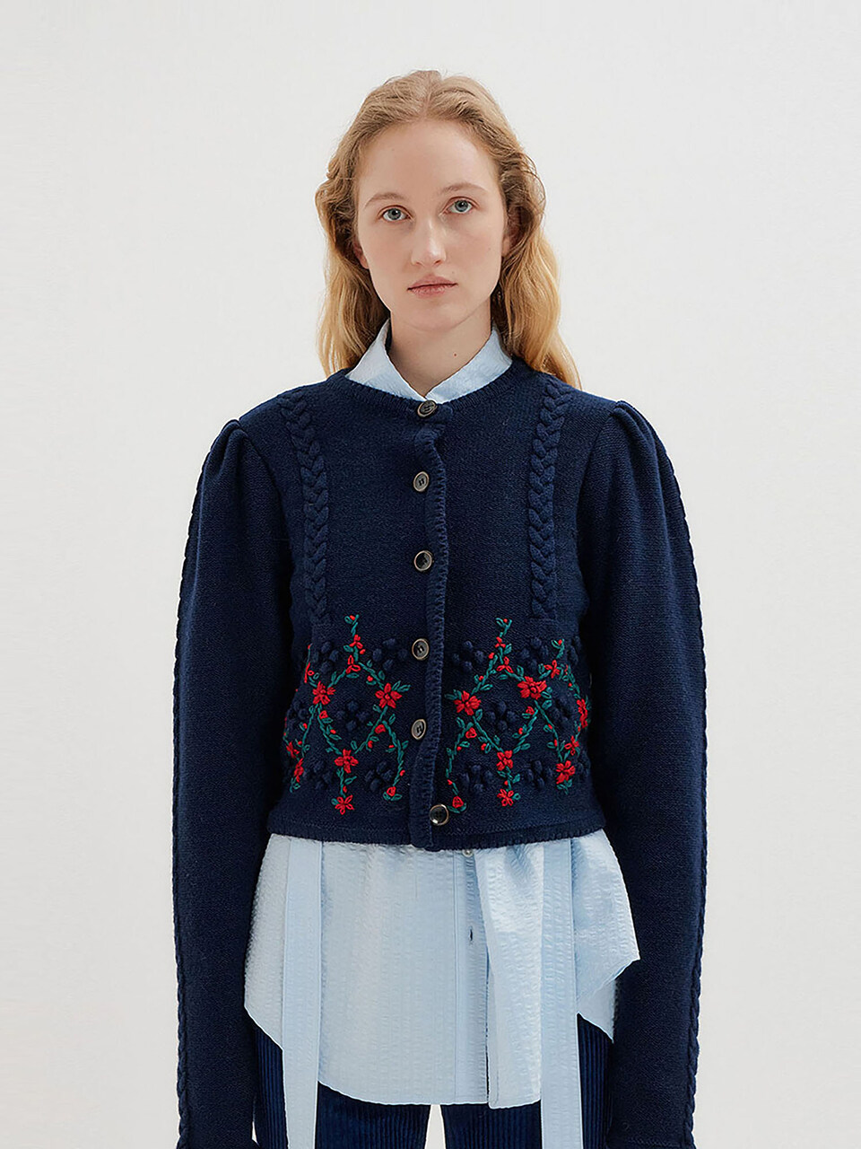 Titi Floral Pattern Puff Sleeve Knit Cardigan