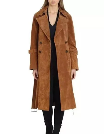 Double Breasted Suede Leather Trench Coat