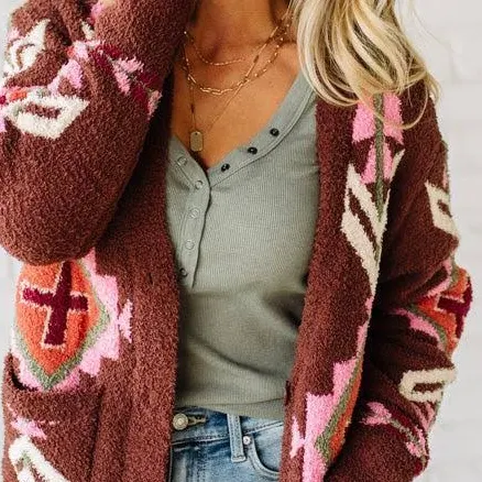 Chenille Geometric Buttoned Cardigan