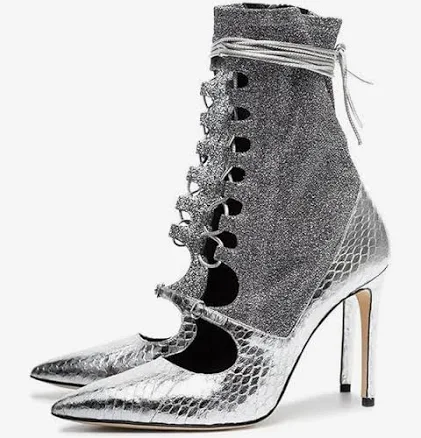 Silver Ankle Boots Women's Pointed Toe Lace Up High Heel Party Booties