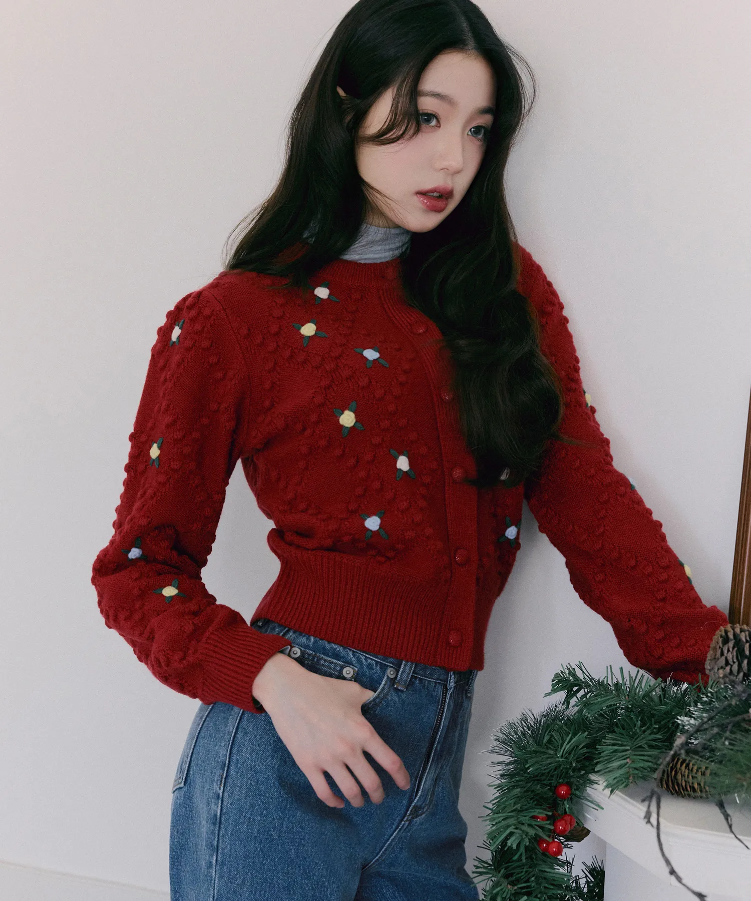 HAND FLOWER POMPOM CARDIGAN RED